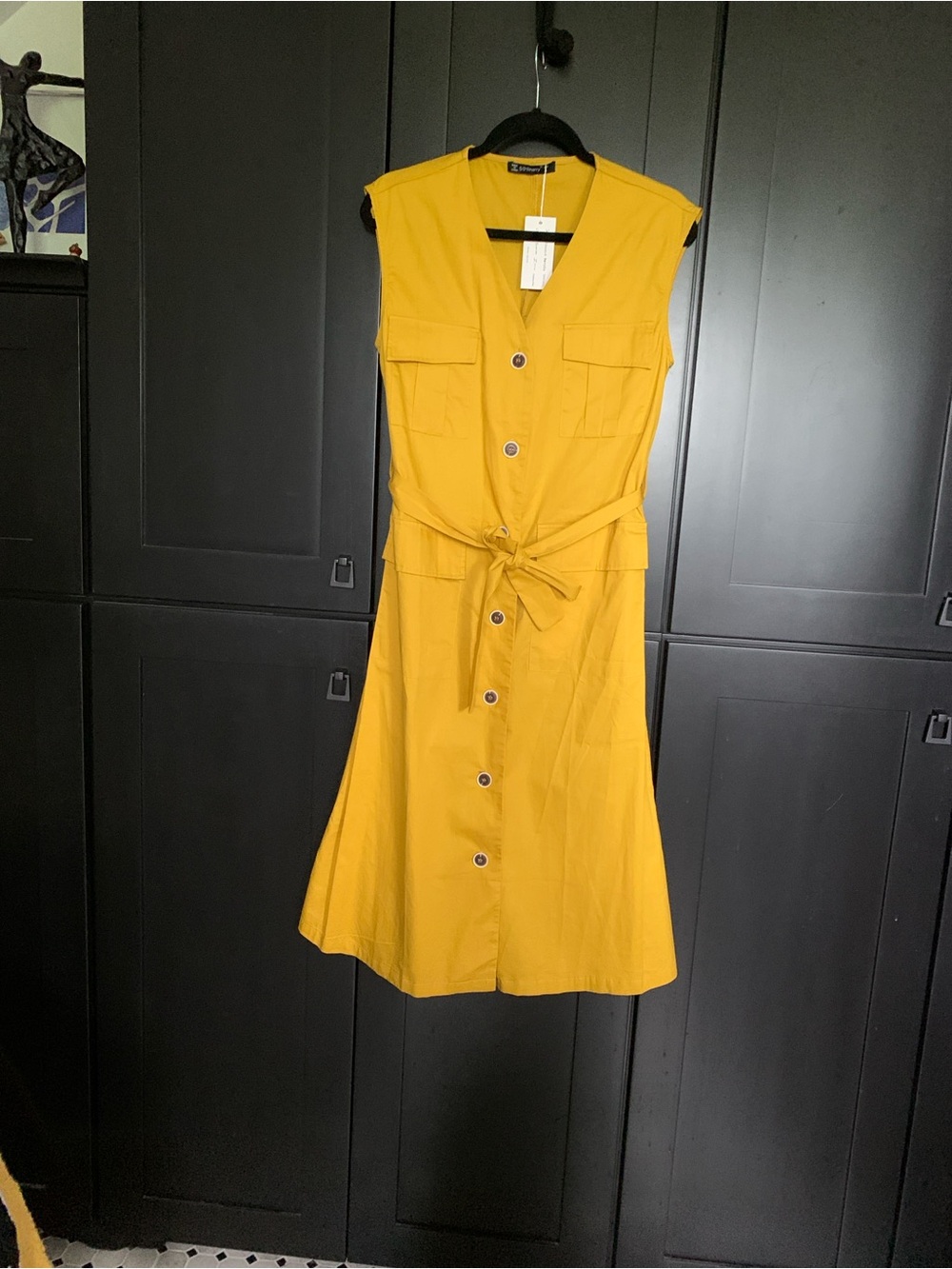 Sleeveless Button-Front Mustard Midi Dress with Tie Waist